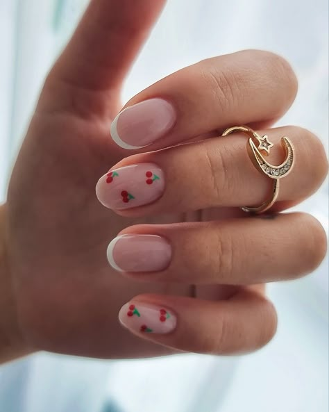 French nails with cherry accents Milky Nails, Cherry Nails, Subtle Nails, Simple Gel Nails, Summery Nails, Minimal Nails, Casual Nails, Nails French, Short Acrylic Nails Designs