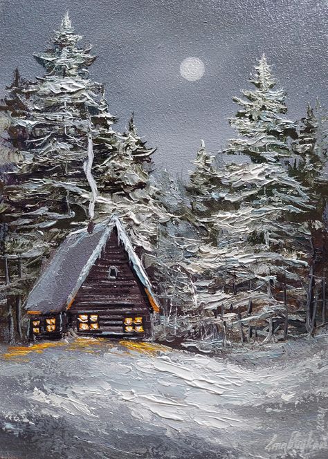 Under the moon, in the silence of the night, a cozy wooden hut with sparkling lights in the windows and smoke from the chimney create comfort and a unique atmosphere.  And the spruce trees stand like a green snow-covered wall protecting from the winter wind, this world is filled with festive beauty. Title: Quiet Evening in a Snowy Forest Size Painting: 5.1 x 7.1  inches- (13x18 cm),  Materials: Oil paints, Hardboard This art are High-quality and would make a great addition to any home. (I can paint this painting in other sizes. Please, contact me) Best Regards Your Artist Vadim Stavitskiy Snowy House Painting, Winter Artwork Inspiration, Christmas Winter Scene Painting, Christmas House Painting Ideas, Old Christmas Paintings, Snowy Cabin Painting, Christmas Scenes To Paint, Snowy Landscape Painting, Painting Ideas Winter