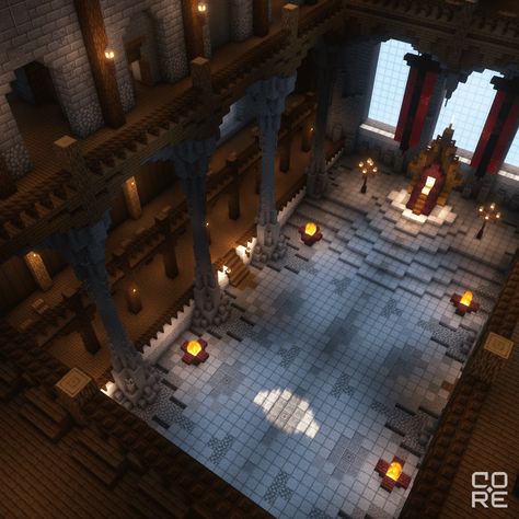 Minecraft Castle Designs Interior, Castle Inspo Minecraft, Minecraft Grand Fireplace, Mc Castle Interior, Underground Castle Minecraft, Minecraft Ball Room Ideas, Mc Castle Blueprint, Interior Castle Minecraft, Minecraft Banquet Hall