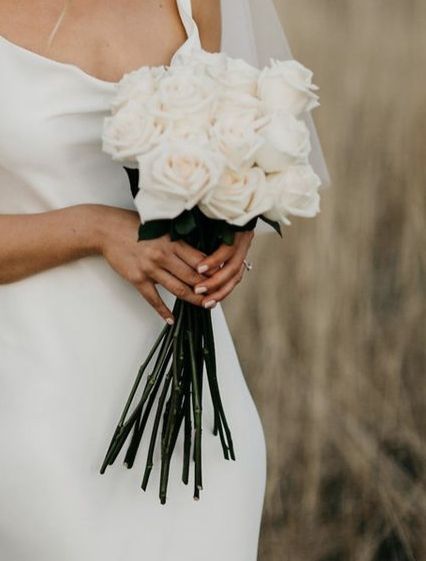 Simple Long Stem Wedding Bouquet, Minimal Wedding Bouquet Simple, Long Stem White Rose Bouquet, Minimalist Wedding Bouquet, Small Bridesmaid Bouquet, Long Stem Bouquet, White Rose Bridal Bouquet, Small Bridal Bouquets, White Rose Wedding Bouquet