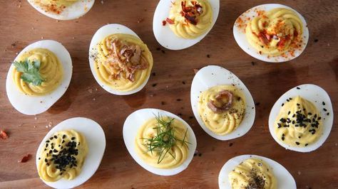 Goodness: Look who's back on the party scene. Jill Dupleix gives devilled eggs a makeover with toppings such as crisp-fried shallots and crushed pappadums. Devilled Eggs Recipe, 70s Dinner Party, 70s Food, Perfect Boiled Egg, Devilled Eggs, Deviled Eggs Recipe, Eggs Recipe, Hot Food, Recipe 30