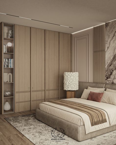 A creative blend of marble and wood wall cladding in neutral tones! This harmonizing blend adds warmth and sophistication to any area, achieving the ideal balance of natural beauty and modern elegance.
#bedroom_design #bedroom_interior #neo_classic #neoclassic_bedroom #home_decor Marble And Wood Wall, Neo Classical Bedroom, Neo Classic House, Neoclassic Interior Design, Wood Wall Cladding, Classical Bedroom, Neoclassic Interior, Bedroom Behance, Bed Headboard Design