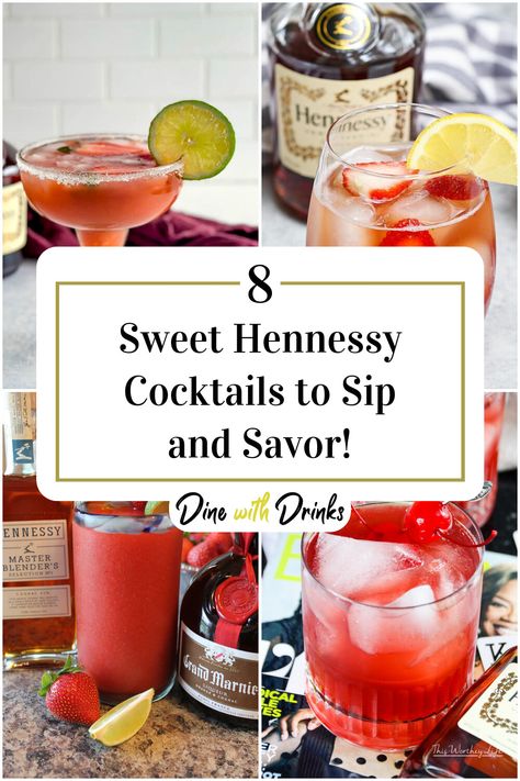 Collage of 4 sweet hennessy cocktails. Hennessy Christmas Drinks, Hennessy White Cocktails, Hennessy Mixed Drinks Recipes, Hennessy And Stella Rose Black Recipe, Drinks Made With Hennessy, Cocktails With Hennessy, Henny Cocktails, Mixed Drinks With Hennessy, Hennessy Cocktails Recipes