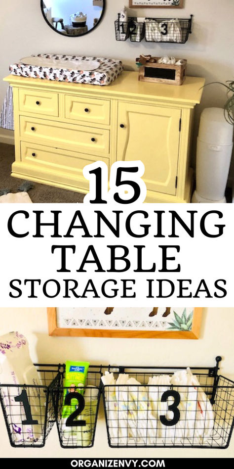 Photos of a changing table in a baby's nursery Changing Table Living Room, Storage Above Changing Table, Storage Ideas For Nursery, Small Changing Table Ideas, Above Changing Table Decor, Baby Changing Station Ideas, Baby Changing Table Ideas, Table Storage Ideas, Diaper Changing Station Organization