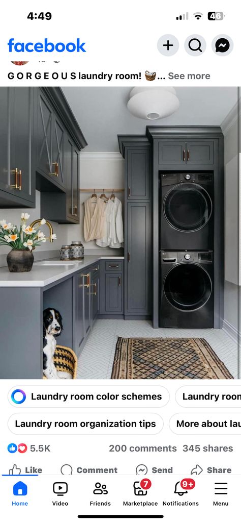 Laundry Room Dark Cabinets, Dark Blue Laundry Room, Laundry Room Colors, Blue Laundry Rooms, Pantry Laundry Room, Pantry Laundry, Laundry Cabinets, Dark Cabinets, Laundry Room Organization