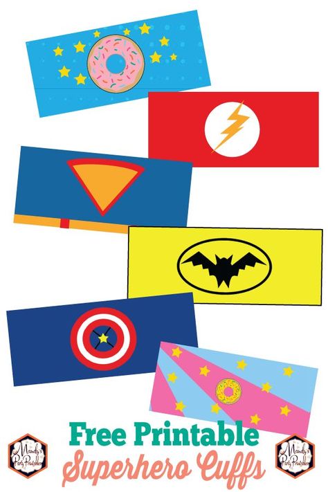 Get the template for these printable DIY superhero cuffs for your next awesome superhero birthday party, dress up, or dramatic play. Both boy and girl's will love them! Superman, Flash, Batman, Captain America, and Donut Superhero-inspired options! Superhero Bunting Printable Free, Superhero Printables Free, Superhero Cuffs, Superhero Preschool, Superhero Week, Super Hero Activities, Superhero Printables, Super Hero Day, Diy Superhero