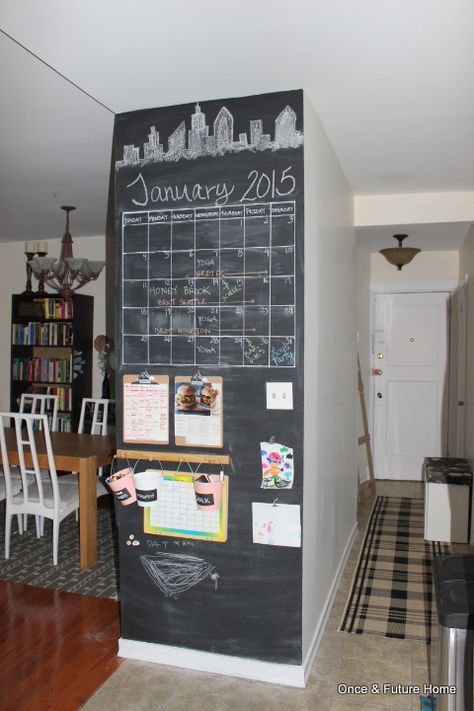 DIY Chalkboard Command Center & Activity Zone Chalkboard Command Center, Chalkboard Wall Kitchen, Chalkboard Paint Wall, Kitchen Blackboard, Herbalife Club, Concrete Studio, Chalkboard Wallpaper, Command Center Kitchen, Diy Kitchen Shelves