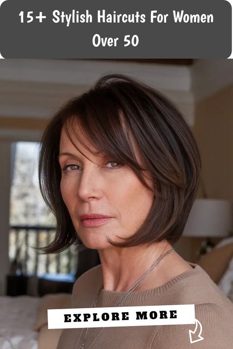 Woman with a shoulder-length bob haircut in a home setting; text promotes stylish haircuts for women over 50. Shag Layered Hairstyles, Flattering Haircuts, Choppy Pixie Cut, Curly Lob, Long Layered Cuts, Haircuts For Women Over 50, Long Hair On Top, Curly Pixie Cuts, Boring Hair