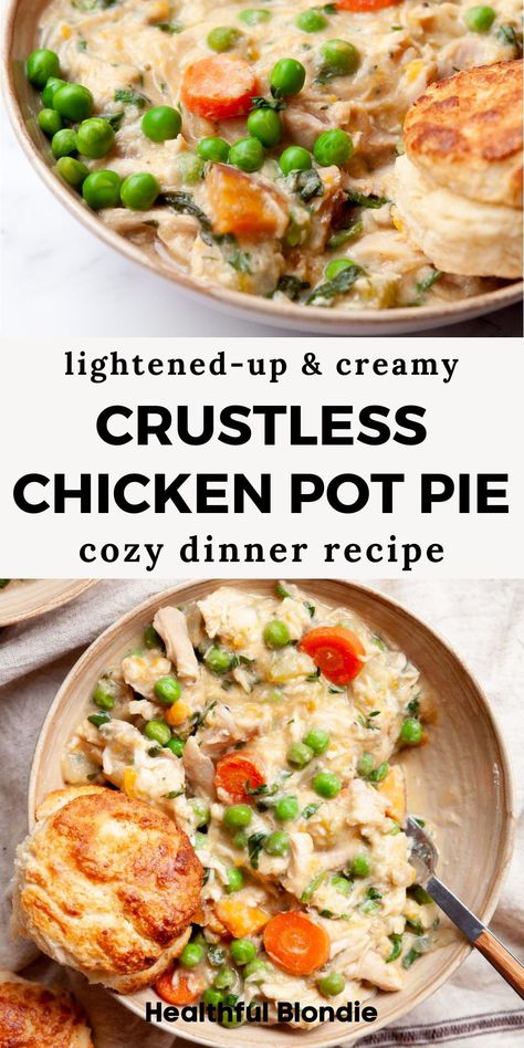 Everybody will love this cozy and comforting chicken pot pie soup! It’s ready in under 30 minutes, packed with protein, and made with rotisserie chicken and sweet potatoes - an easy and healthy one pot dinner recipe with chicken. No pie crust is needed! Chicken Pot Pie With Sweet Potatoes, Easy But Healthy Dinner Recipes, Healthy Dinners With Rotisserie Chicken, Health Chicken Pot Pie, Healthy Chicken Pot Pie Crockpot, One Pot Chicken Recipes For Dinner, One Pot Chicken Pot Pie, Ground Chicken Pot Pie, Healthy Dinner Bake