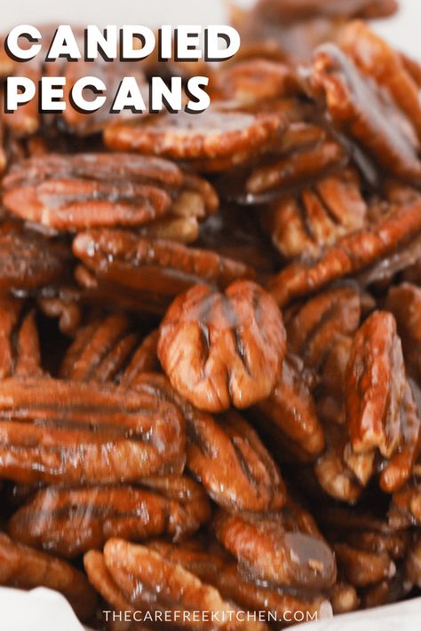 These quick and easy Candied Pecans are the best sweet and salty garnish, mix-in, gift or snack. They are super versatile, crazy simple to make and totally addicting. #thecarefreekitchen #pecans #candiedpecans #candied #garnish #snack #dessert #nuts Candy Pecans, Easy Candied Pecans, Pecan Recipe, Candied Walnut Recipe, Nut Clusters, Candied Pecans Recipe, Glazed Pecans, Chocolate Balls, Walnut Recipes