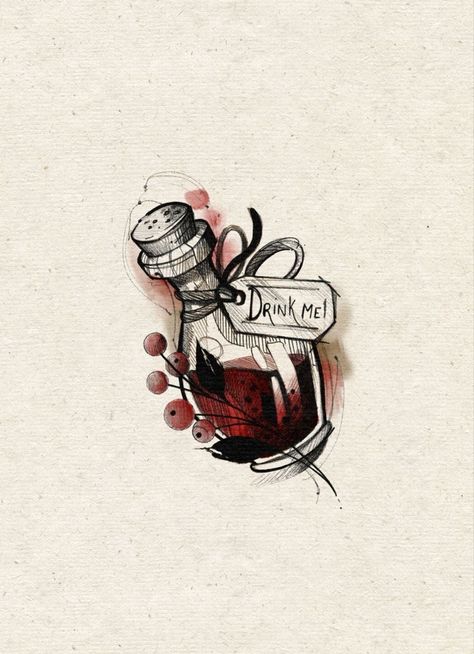 Drink Me Potion Alice In Wonderland, Drink Me Bottle Drawing, Drink Me Potion Tattoo, Drink Me Drawing, Drink Me Tattoo Wonderland, Alice In Wonderland Drink Me Bottle, Drink Me Bottle Tattoo, Eat Me Drink Me Tattoo, Potion Tattoo Bottle