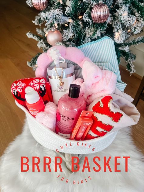 Brrr Basket | Gifts for Girls • Honey We're Home Gift Basket Ideas For A Friend, Best Friend Christmas Gifts Ideas Basket, Cute Christmas Gift Baskets, Christmas Gift Basket Ideas For Women, Brrr Basket, Breakfast Gift Basket, Pink Gift Basket, Christmas Craft Diy, Burr Basket