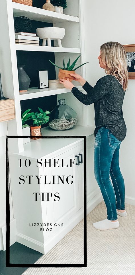 How To Dress Shelves, Dressing Shelf Ideas, Dressing Shelves Living Room, How To Dress A Shelf, Alcove Shelves Styling, Styling Alcove Shelves, Floor Shelves In Living Room, Style Open Shelves Living Room, Styling Long Shelves