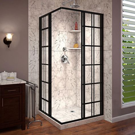 DreamLine French Corner 34-1/2 in. x 34-1/2 in. x 72 in. Framed Corner Sliding Shower Enclosure in Satin Black-SHEN-8134340-89 - The Home Depot Awesome Showers, Dreamline French Corner, Modern Industrial Bathroom, Corner Shower Kits, Black Shower Doors, Corner Shower Enclosures, Industrial Bathroom, Sliding Shower Door, Corner Shower