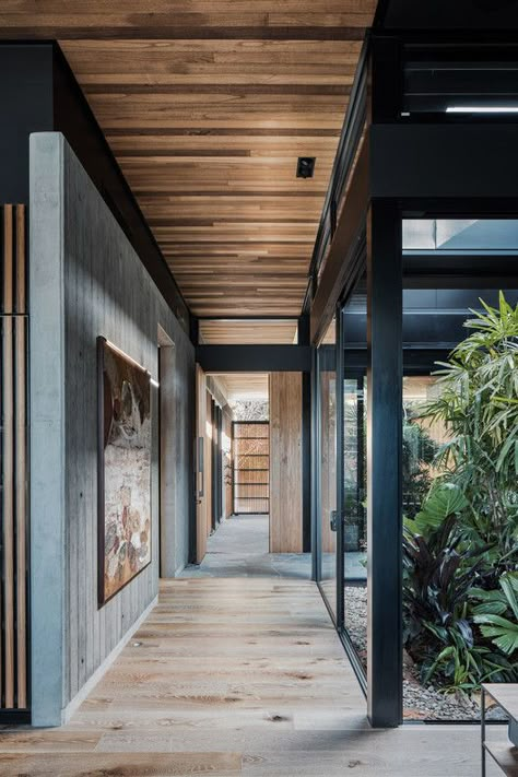 Gallery of Cove House / Justin Humphrey Architect - 3 Industrial Hallway, Cove House, Timber Battens, Timber Screens, Hallway Designs, Have Inspiration, Australian Homes, The Design Files, Garden Room