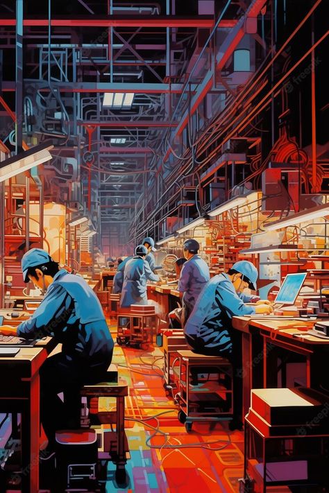 Premium AI Image | a painting of workers working in a factory Factory Aesthetic, Factory Illustration, Industry Images, Factory Work, Industrial Paintings, Mechanical Workshop, Factory Worker, Visual Thinking, Construction Work