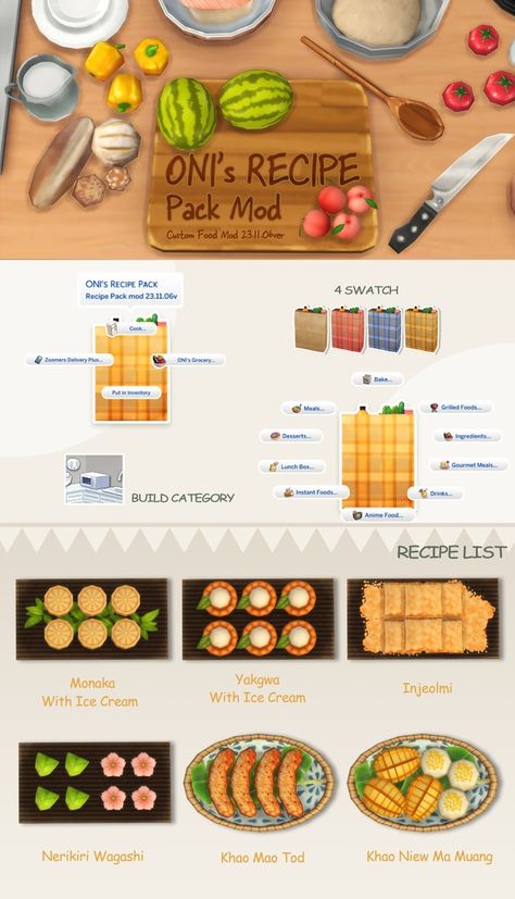 Oni Sims4, Sims 4 Oni's Recipe Pack, Oni's Recipe Sims 4, Sims4 Recipes, Sims 4 Oni Recipe, Sims 4 Cc Food Recipes, Sims 4 Cooking Mod, Food Sims 4, Sims 4 Custom Food