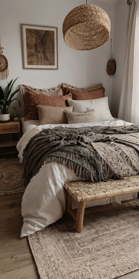 100+ Modern Boho Bedroom Ideas For A Stylish Home Gray Boho Bedroom Ideas, Classy Boho Bedroom, Modern Boho Chic Bedroom, Modern Boho Bedroom Ideas, Neutral Boho Bedroom, Palette Bed, Girls Boho Bedroom, Bedroom Inspirations Boho, Best Plants For Bedroom