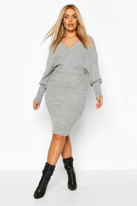 Plus Size Wrap Dress, Plus Size Sweater Dress, Knitted Midi Dress, Staple Dress, Sweater Dress Outfit, Plus Size Winter, Grey Midi Dress, Warm Dresses, Flattering Dresses