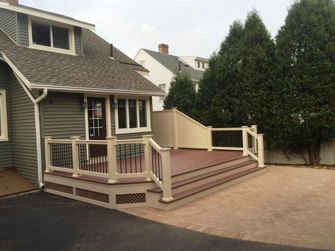 Great Small Deck designed for privacy and to step down to paved patio Wolf PVC Decking in Rosewood Wolf Decking, Small Deck Designs, Deck Rails, Pvc Siding, Outdoor Living Ideas, Pvc Decking, Trim Board, Paved Patio, Small Deck