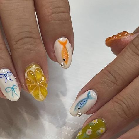 Nails With Fish, Goldfish Nails, Fish Nail Art, Nails Bow, Nail Art Flower, Fish Nails, Lemon Nails, Bow Nails, Ring Finger Nails