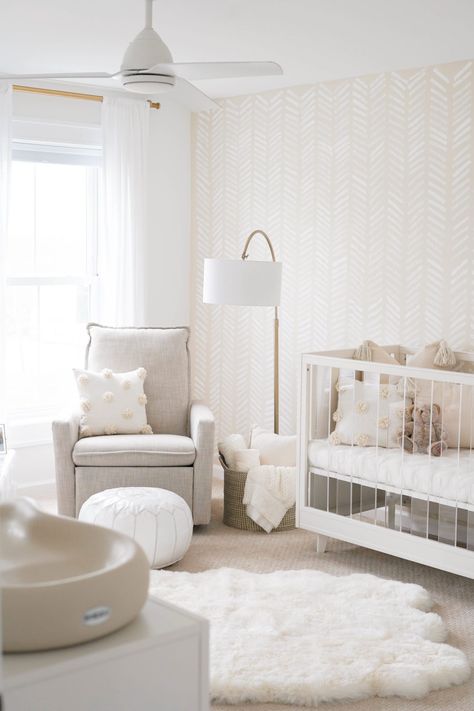 White And Wood Crib Nursery Ideas, Nursery With Carpet Floor, Cream And White Nursery Ideas, White And Tan Nursery, Studio Mcgee Nursery Ideas, Baby Room Neutral Colors, All White Nursery Girl, Cream And Gray Nursery, Carpet Nursery