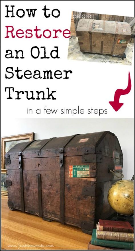 Steamer trunk restoration project, remove mildew odor, secure old labels and learn How to Restore an Old Steamer Trunk in a Few Simple Steps Steamer Trunk Makeover, Trunk Redo, Antiquing Furniture, Antique Trunk Restoration, Trunk Restoration, Trunk Makeover, Vintage Steamer Trunk, Antique Trunks, Antique Steamer Trunk