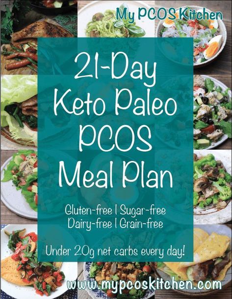 My PCOS Kitchen - 21-Day Keto Paleo PCOS Meal Plan - This is a 21-day meal plan that is completely gluten-free, sugar-free, dairy-free, grain-free, and low-carb.  There is a picture for every meal, nutritional information for every meal and every day, a snacks list, a grocery list and an introductory page. #ketomealplan #lowcarbmealplan #pcosmealplan #ketodiet #ketofood #3weeksmealplan #glutenfreemealplan #sugarfreemealplan via @mypcoskitchen Dairy Free Keto, 1200 Calorie Diet Meal Plans, Dairy Free Keto Recipes, 21 Day Meal Plan, Gluten Free Meal Plan, Gym Nutrition, Free Keto Meal Plan, Snacks List, Paleo Meal Plan