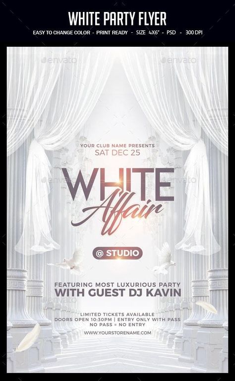 White Party for $9 - GraphicRiver #flyer #FlyerDesign #print #flyers #GraphicDesign #design #designcollection #designresources #BestDesignResources Flyer Invitation Design, Club Invitation Design, Open Heavens Flyer Design, Elegant Event Poster, Elegant Flyer Design, All White Party Invitations, Elegant Poster Design, Invitation Party Design, Heaven Party