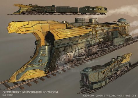 ArtStation - Cartographer's Locomotive, Joseph Chan Dieselpunk Art, Steampunk Vehicle, 3d Karakter, 2d Drawing, Train Art, Concept Ships, Steampunk Design, Steampunk Art, Robots Concept