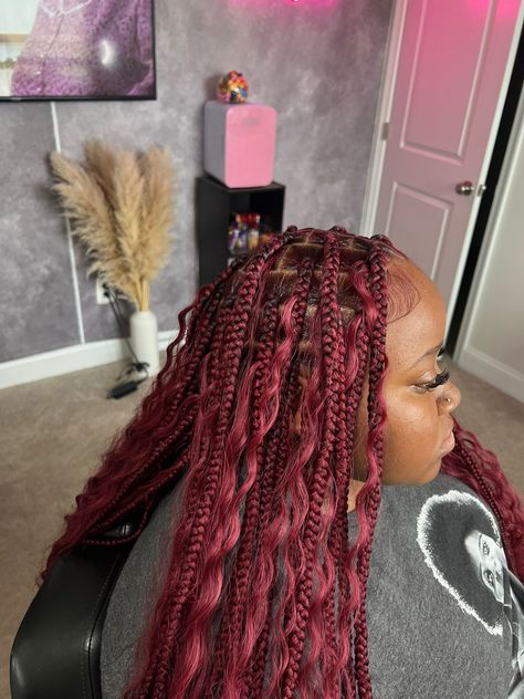 Black And Burgundy Hair Braids, Dark Burgundy Braids, Boho Braids Burgundy, Burgundy Braids On Dark Skin, Burgandy Braids On Dark Skin, Hair Flicks, 1b/burgundy Braids, Red Braids, Cherry Red Hair