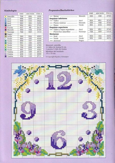 Clock Cross Stitch Clock, Stitch Clock, Crossed Stitch, Floral Clock, Cross Stitch Numbers, Dmc Cross Stitch, Butterfly Cross Stitch, Cross Stitch Bookmarks, Shawl Patterns