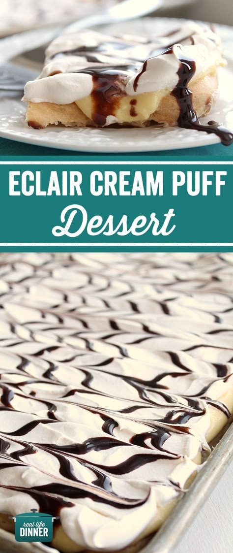 Eclair Cream Puff Dessert Blue Ribbon Desserts First Place, Xmas Deserts, Easy Eclairs, Cream Puff Dessert, Chocolate Eclair Dessert, Eclair Cream, Eclairs Dessert, Cream Puff Cakes, Puffed Pastry