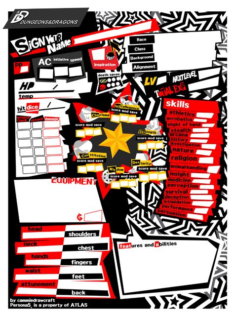 Persona 5 d&d character sheet on Behance D D Character Sheet, Personas Design, Dnd Character Sheet, Persona Five, Character Sheet Template, Dungeon Master's Guide, Persona 5 Joker, Shin Megami Tensei Persona, Character Sheets