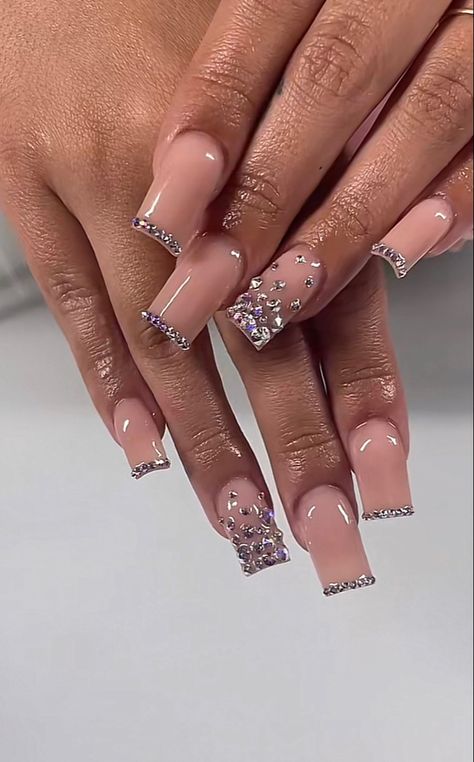 Gems Around Cuticle Nails, Medium Silver Nails, Bling French Tip Nails, Short Prom Nails, Acrylic Toe Nails, Acrylic Nail Set, Hard Nails, Diy Acrylic Nails, Colored Acrylic Nails