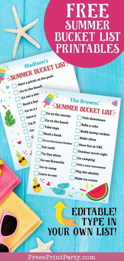 FREE SUMMER BUCKET LIST PRINTABLE - Edit and print your own summer bucket list. Do it with the kids as a family or as a couple. My teens love to make a list of summer activities and DIYs each year. Then go see all the ideas from crafts to road trips, adventures, and projects that I have listed for you. Editable with your own text. Make memories. There are loads of things to do outdoors or at home. Have fun this summer. #bucketlist #summer #printable By Press Print Party! Flamingo Party Invitation, Bucketlist Summer, Activities For Couples, Couples Summer, Bucket List Printable, Relationship Activities, Craft Printables, For Couples, Summer To Do List