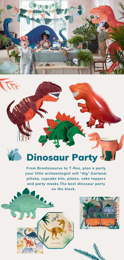 Meri Meri Dinosaur Party, Dino Four Birthday Party, Meri Meri Dinosaur, 3 Rex Birthday, Three Rex Birthday, Birthday Party Themes For Kids, Dinosaur Themed Party, Dinosaur Island, Jurassic Park Party