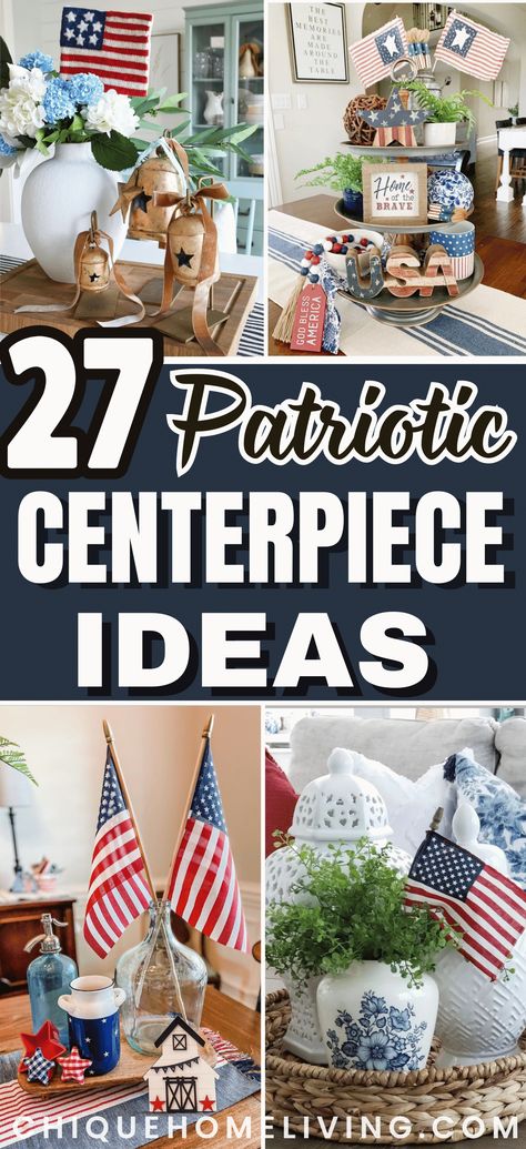 Make a bold statement this 4th of July with these 27 best patriotic centerpiece ideas! From vibrant floral arrangements to DIY crafts, find inspiration to elevate your holiday decor with red, white, and blue flair. 🇺🇸🌟 #PatrioticDecor #CenterpieceIdeas #FourthOfJuly Patriotic Table Centerpieces Diy, Elegant Patriotic Table Decorations, Red White And Blue Centerpieces Diy, Veterans Day Table Centerpieces, Fourth Of July Centerpiece, Patriotic Centerpieces Elegant, Veterans Day Centerpieces Table Decorations, July 4 Table Decorations, 4th Of July Arrangements