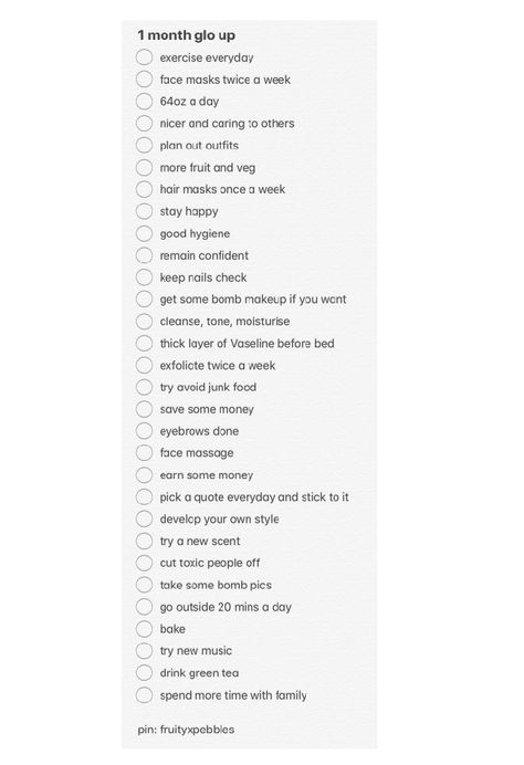 1 month glo up// fruityxpebbles ⚠️⚠️⚠️ give credit Shopping List Glow Up, New Month Habits, 1 Month Skin Care Challenge, Six Month Glow Up, I Month Glow Up Challenge, One Month Glow Up Challenge Self Care, How To Glow Up In 1 Month, How To Glow Up In Three Months, 1 Month Nail Growth