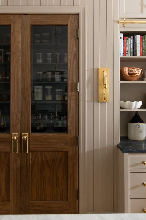 Our Pantry Doors are in! - Chris Loves Julia Chris Loves Julia Pantry, Wood Pantry Door, Chris Loves Julia Kitchen, Pantry In The Kitchen, Modern Pantry Door, Farmhouse Pantry Door, Working Pantry, Crittall Doors, Pantry Lighting