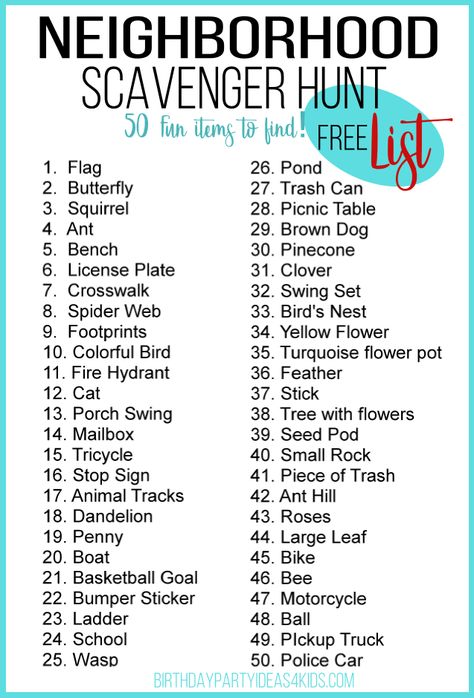 Fun walking Neighborhood Scavenger Hunt list with 50 fun everyday items to find! Fun for kids of all ages! https://birthdaypartyideas4kids.com/scavenger-hunt-walking.html #scavengerhunt #neighborhood #kids #moms #activity Walking Scavenger Hunt, Scavenger Hunt Ideas Outdoor, Outside Scavenger Hunt For Kids, Outdoor Scavenger Hunt Ideas For Kids, Walk Scavenger Hunt For Kids, Scavenger Hunt Ideas For Kids Outdoor, Outdoors Scavenger Hunt, Kids Scavenger Hunt Outdoor, Outside Scavenger Hunt