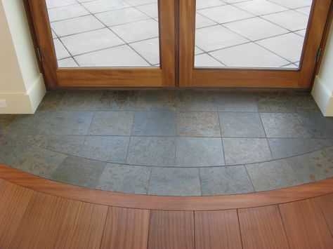 Slate entryway to protect hardwood floors at French Door. for when I finally rip all the tile and carpet out and do hardwood! Slate Entryway, Entryway Tile, Foyer Flooring, Entryway Flooring, Doors And Floors, Tile Flooring, French Door, Flooring Options, House Flooring