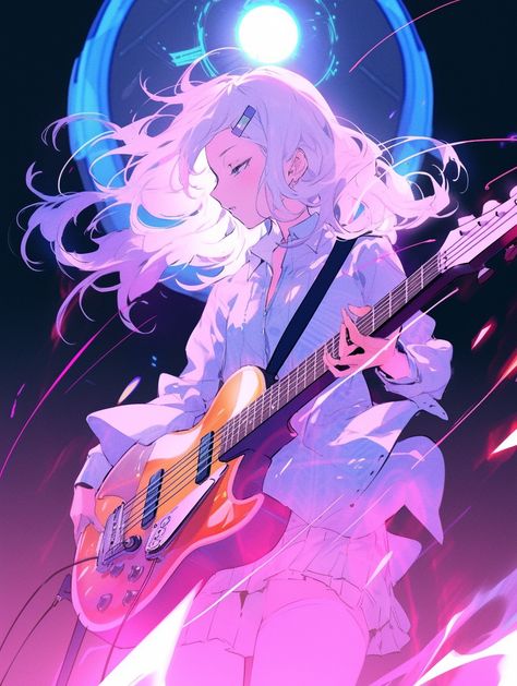 Anime Concert Aesthetic, Lyn Aesthetic, Punk Character Design, Punk Character, Pink Guitar, Illustration Manga, Anime Backgrounds, Music Playing, Cool Anime Backgrounds