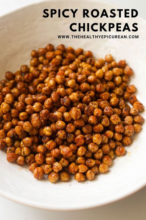 A side shot of a bowl filled with spicy roasted chickpeas. Spicy Roasted Chickpeas, Chickpeas Recipe, Crunchy Snack, Chickpea Recipes, Roasted Chickpeas, Edamame, Spicy Recipes, Chickpeas, Appetizer Snacks