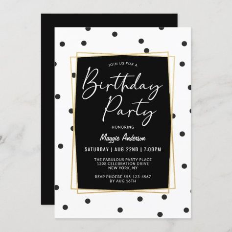 $2.65 | Black and White Confetti Dots Birthday Party #birthday party for her, black and white, confetti, polka dots pattern, modern, trendy, classy stylish chic, teen or adult ladies birthday, elegant, handwritten script typography White Birthday Party Theme, Polka Dot Party Theme, Black And White Birthday Party, Black And White Invitations, Black White Birthday, Invitation Typography, Black And White Birthday, Black White Party, Polka Dot Theme