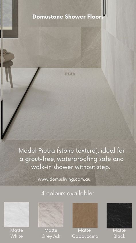 508 reactions · 38 shares | The only alterative to tiles in the shower: Domustone shower floor. Model Pietra (stone texture) is ideal for a grout-free, waterproofing safe and walk-in shower without step. | domus_living_australia Wet Room Shower Floor Tiles, Shower Base Tile Ideas, Shower With No Grout Lines, Shower With Minimal Grout, Solid Surface Shower Floor, Large Tile Shower Floor Ideas, Minimal Grout Bathroom, Groutless Shower Floor, No Grout Shower Floor