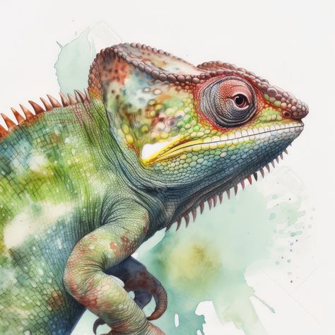 Chameleon Watercolor Paintings, Chameleon Art Illustration, Reptile Painting, Guinea Fowl Art, Chameleon Watercolor, Animal Digital Art, Chameleon Art, Portrait Watercolor, Animal Portraits Art