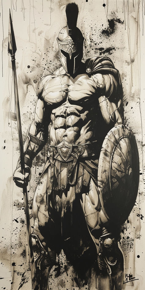 Spartan Warrior Drawing, Warrior Drawing Male, Spartan Drawing, Warrior Black And White, Sparta Tattoo, Sparta Warrior, Spartan Art, Warrior Drawing, Battle Art