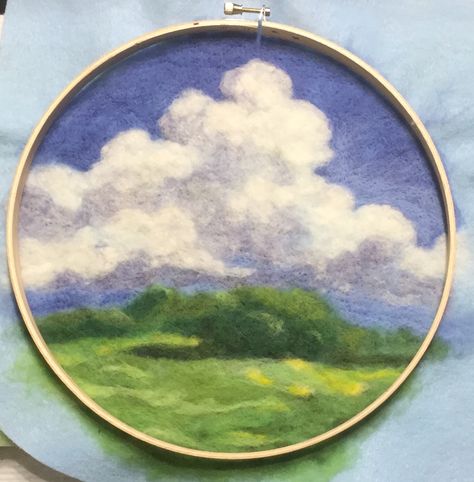 Needle Felting Clouds, Needle Felting 2d, 2d Needle Felting Pictures, Flat Felting, 2d Needle Felting, Felt Landscapes, 2d Felting, Contemporary Materials, Summer Clouds