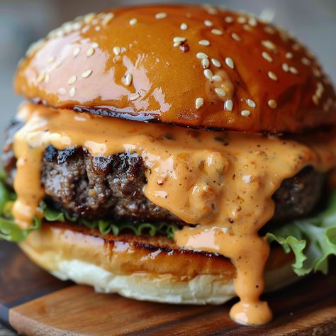 Ultimate Burger Sauce Burger Recipes Sauce, Asian Burger Sauce, Burger Presentation Ideas, Hamburger Sauce Recipes, Fancy Burger Recipes, Fancy Hamburgers, Burger Jam, Peach Burger, Gormet Burgers